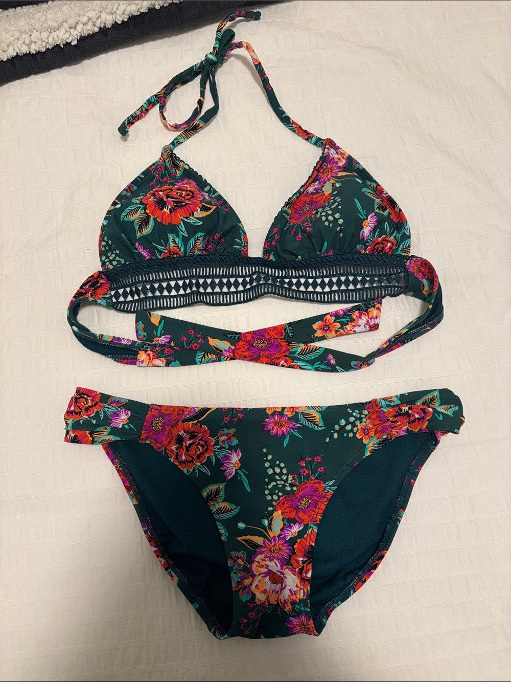 Xhilaration Dark Teal Floral Halter Bikini Set